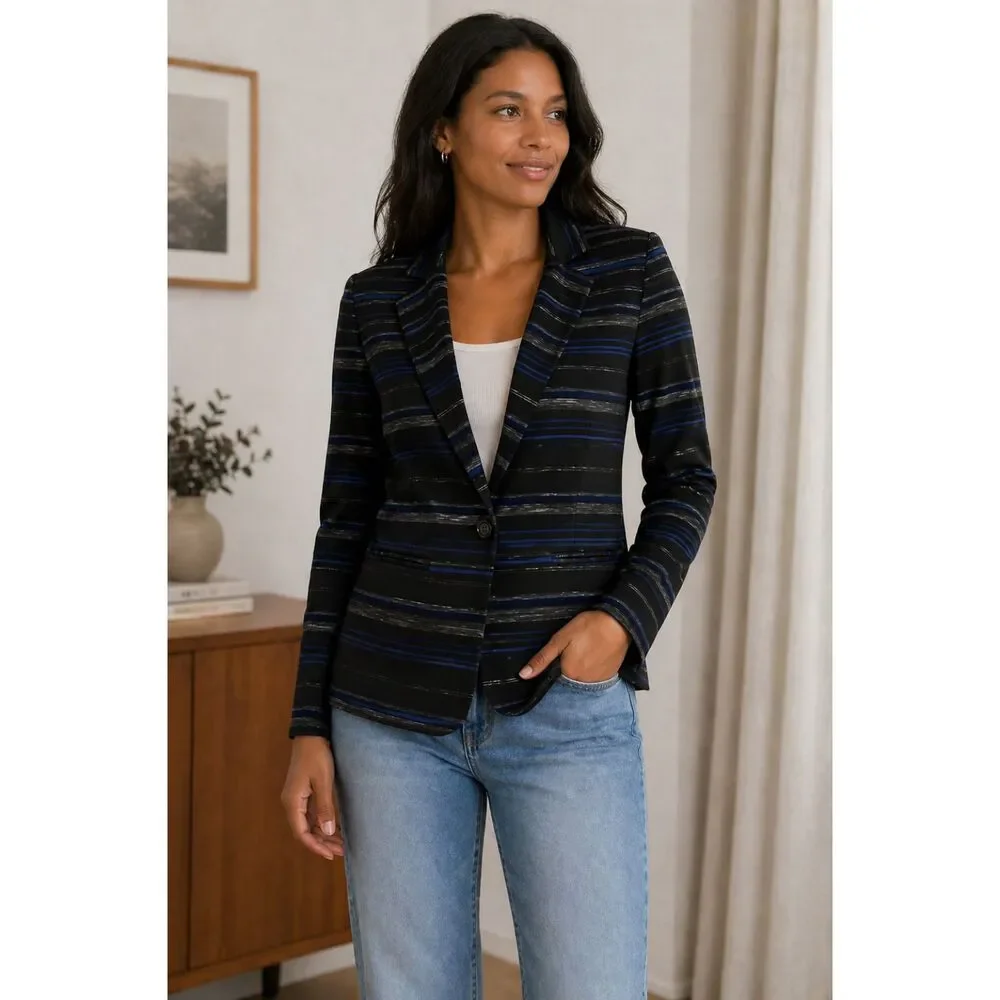 Dressbarn NWT Blue & Black Striped Blazer Medium Career Jacket One Button